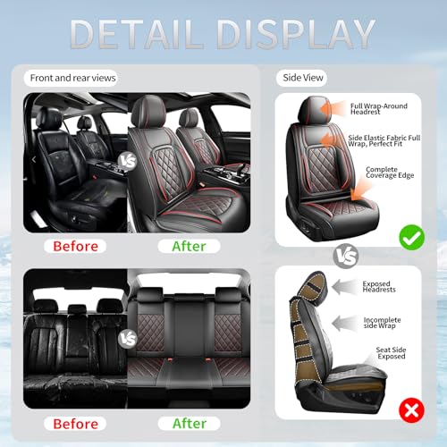Image of Car Seat Covers Compatible with Chevy Equinox 2011-2025 2026, Premium Leather Breathable, Wear Resistant, Airbag Compatible, All-Weather Protection & Full Coverage, 2 Front Seat Red Line Black