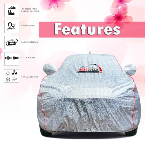 Image of Waterproof Car Body Cover Compatible with Kia Sonet Mirror and Antenna Pocket, All Weather Protection Cover (Silver Color with Red Piping Style)