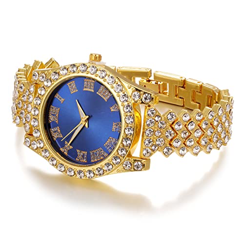 Image of Halukakah Diamonds Gold Watch Iced Out, Kid's 18K Real Gold /Platinum White Gold Plated 36MM Width Green /Blue /Red Dial Quartz Wristband 8 inch with Cuban Link Chain 7 inch+16 inch Bracelet, Free Giftbox
