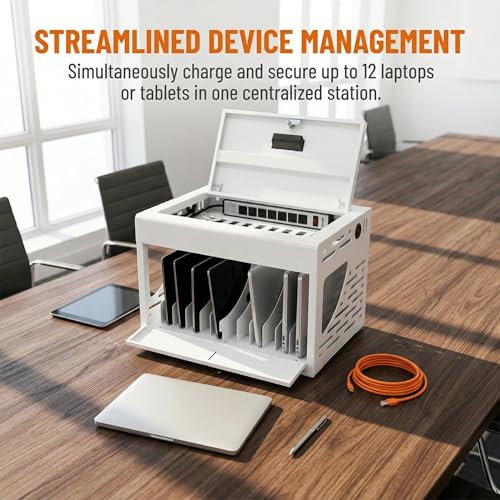 Image of 16 Unit Laptop Charging Station, Locking Charging Cabinet with Interior Steel Dividers & Power Strip, Metal Charging Organizer with Dual Installation Options for Classroom & Office, White