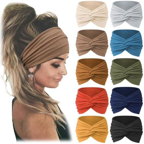 Jesries 10 PCS Extra Wide Turban Headbands for Women, Non-Slip Head Bands