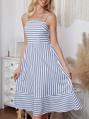 Image of Striped Sleeveless Midi Summer Dress for Women Spaghetti Strap Backless Smocked Swing Beach Dresses Light Blue