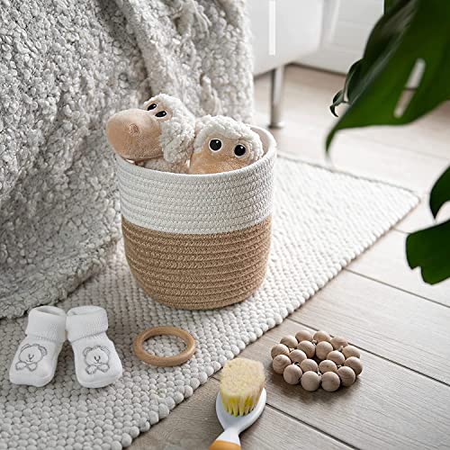 Image of AuraNest Jute Planter Basket 8x8 Inch | Cotton Rope Round Storage Basket for Plants, Laundry & Home Organizer | Multipurpose Eco-Friendly Woven Bin for Kitchen, Bedroom & Nursery (Brown & White)