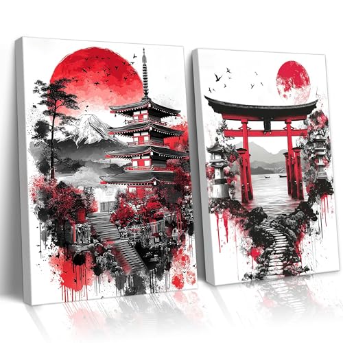 Image of Frimeeme 2Pcs Japanese Canvas Wall Art, Ready to Hang,Framed,12x16 inches | Red Black Landscape Prints, Modern Minimalist Asian Oriental Decor