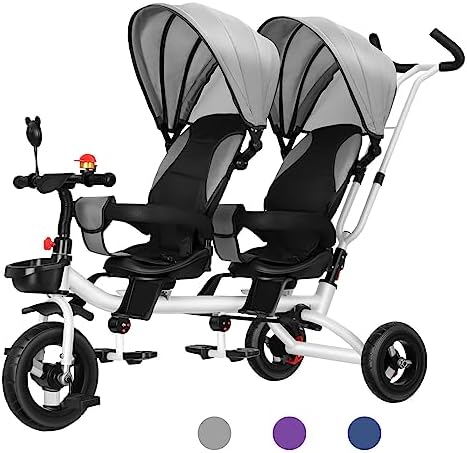 Kids Tricycle for Two Riders Ages 1-6,4 in 1 Folding Kids Trike Stroller with Push Handle,Kids Tandem Push Trike with Reversible Seat,Rubber Wheels,Brakes,Storage Basket