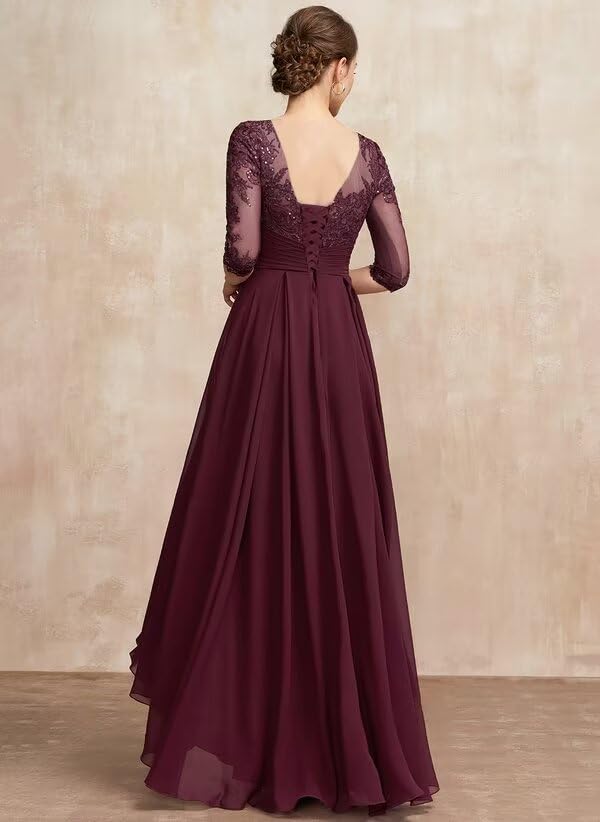 Women's Lace Long Mother of The Bride Dresses with Slit Long Sleeve Chiffon Ruched Evening Formal Dress PU1002