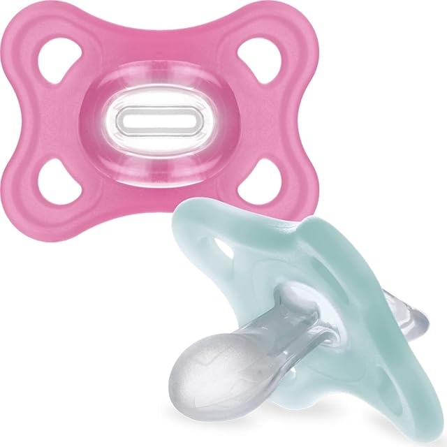 MAM Comfort All-Silicone Soothers 2-6 Months - Size 2 (Pack of 2), Lightweight Baby Soother, Newborn Essentials with Self-Sterilising Case, Grey/Pink (Designs May Vary)