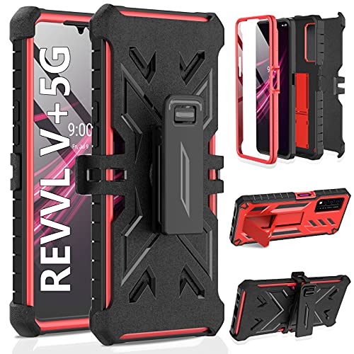 for T-Mobile Revvl V Plus 5G Case: Built-in Screen Protector Kickstand Full-Body Military Grade Three-Layer Protective Shockproof Rugged Phone Cover with Belt Clip Holster Red