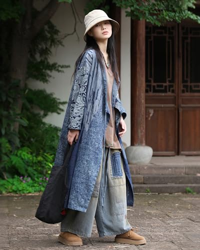 Women's Vintage V-Neck Tie-Belt Long Denim Jacket Coat Streetwear Trench Coat with Graffiti Patchwork Design3