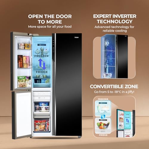 Image of Haier 598 L 3 Star Frost Free Expert Inverter Smart Sense AI enabled 3-Door Side by Side Refrigerator (HRT-683KGU1, Black Glass, Magic Convertible Zone, Deo Fresh Technology, 2026 Model)