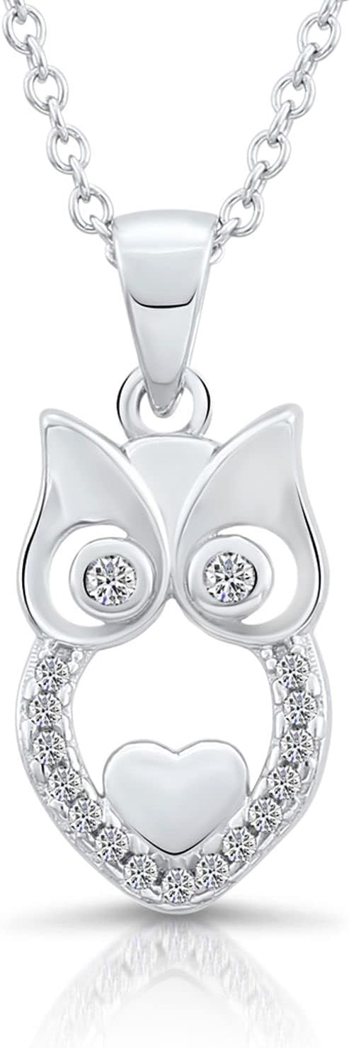 TILO JEWELRY Sterling Silver Cubic Zirconia Owl with Heart Pendant Necklace