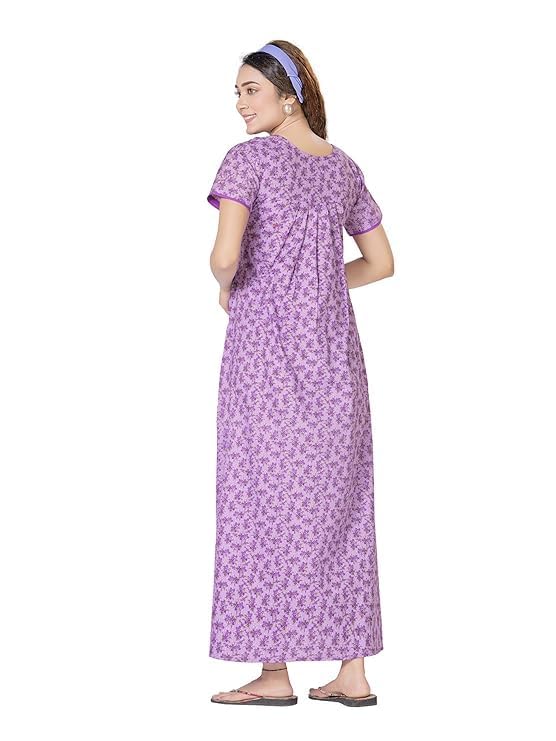 Image of Vlazom Women's Cotton Nighty - Jaipuri Rajasthani Printed Maxi Dress with Embroidery & Pockets