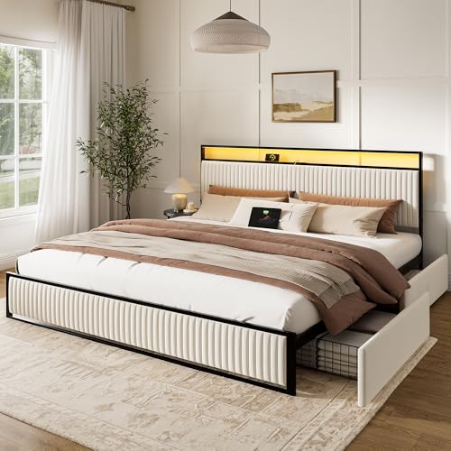 Image of ROLETALENT King Bed Frame with Headboard and Storage 2 Drawers Upholstered Bed Frame King Size with Charging Station & LED Velvet Platform Bed Frame Metal Support No Box Spring Needed Beige