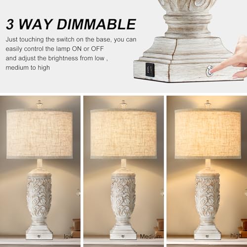 Fullarge Farmhouse 3-Way Dimmable Touch Table Lamps Set Of 2 For Living Room With Usb Charging Ports A/C, 27.5 Inch Tall Rustic Bedside Nightstand Lamps For Bedroom White Resin Retro Side Table Lamp With 2 Bulbs thumb #2
