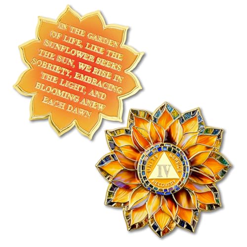 Sunflower 4 Year Sobriety Coin - Colorful Glass Broken and Rebuilt AA Coins - Four Year Addiction NA AA Chips and Medallions - 1-20 Celebrate Living Clean Alcoholics Anonymous Gifts for Men Women