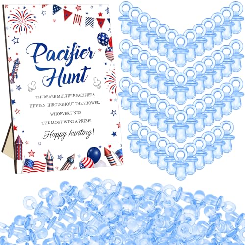 Image of Thyle 51 Pcs 4th of July Pacifier Hunt a Little Firecracker is on The Way Patriotic Baby Shower Games 250th Red White and Blue Hunt Sign and 50 Acrylic Pacifiers for Independence Day Party Decoration