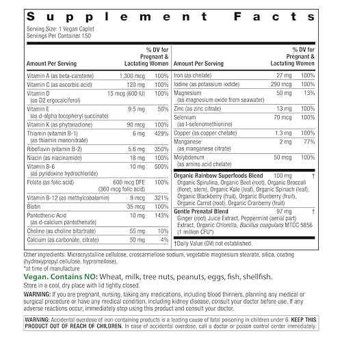 Rainbow Light Prenatal One High Potency Daily Multivitamin with Folate, Ginger and Probiotics; Supports Mom and Baby from Conception to Nursing; Vegan, 150 Tablets,* Pack May Vary