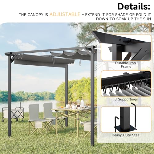Gazebo, bigzzia Metal Pergola With Retractable Roof,Outdoor Parasol Features Water-Resistant And SPF 15 With PU Coated Canopy,Sun Shade For Garden Party Barbecue Event (Gray, 305CMX305CM) - Image 5