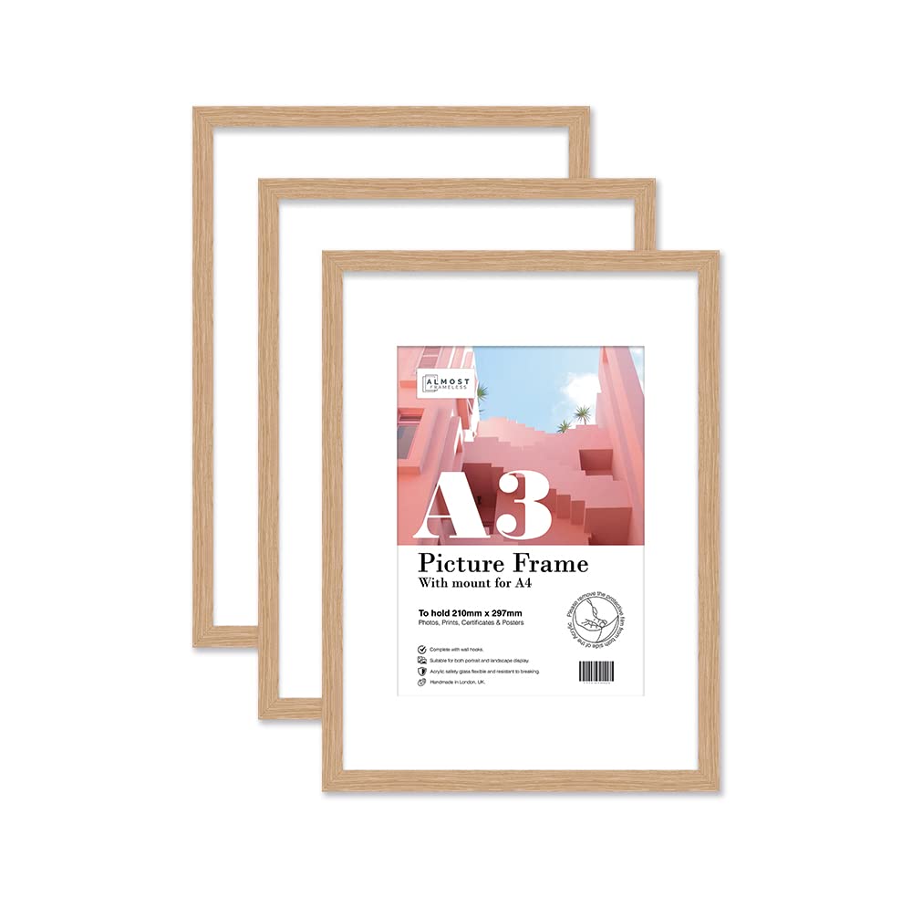 Almost Frameless A3 Oak Picture Frame Set of 3, Display A4 Pictures with Mount or A5 Without Mount Gallery Wall, Poster, Photo, Artwork, or Print, Oak