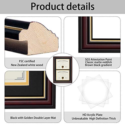Image of ELSKER&HOME Picture Frame-Made for 2 x 8.5x11 Inch Documents or 14x20 Inch Photos with Black Mat & Golden Rim (Double Mat, Wall Mount, Wood & Plastic) | Black Mat with Golden Rim Made for Certificates&Document for 14x20 Inch Without Mat for Document Certificate