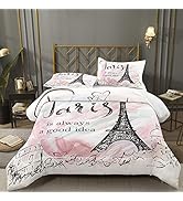 Bodhi Paris Comforter Set Twin for Girls,Eiffel Tower Pink Bedding Set,Cartoon Sketch Paris Eiffe...