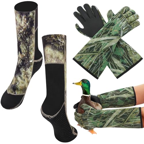 Coume 2 Pack Decoy Gloves Waterfowl Gloves and Insulated Hunting Socks Duck Hunting Accessories and Gear Waterproof Decoy Gloves Wader Socks for Men & Women Cold Weather(XL)