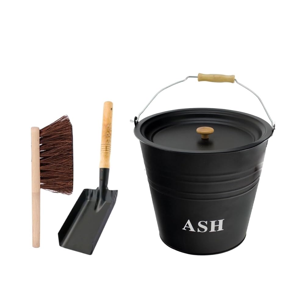 Shopior Ash Bucket 12L With Lid, Brush & Shovel – Steel Coal Holder With Wooden Handle For Fireplace, Fire Pit, Bbq, Wood Burning Stove & Hearth – Bin Storage Container (Ash Bucket)