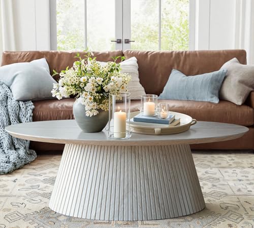 win2win Oval Coffee Table, Modern Faux Stone Coffee Table with Fluted Design, Travertine Center Table with Tapered Base, Minimalist Tea Table for Living Room, Bedroom, Office, Stone