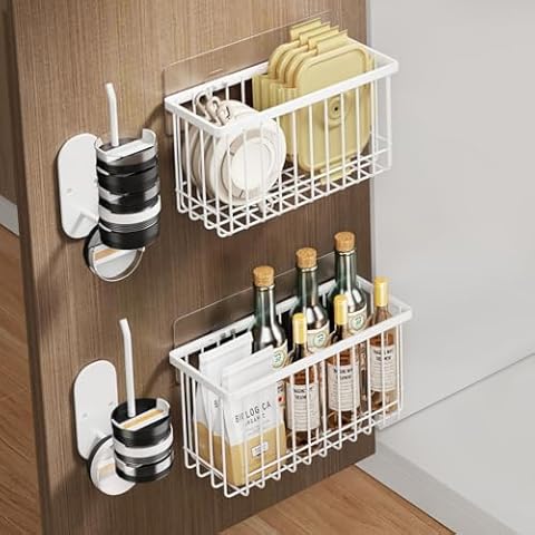 Mustorn 4 Pack Adhesive Cabinet Door Organizer, Lid Organizers Inside Cabinet Food Container/Tumbler Lid Organizer and Storage Cup Lids Holder for Kitchen & Bathroom Wall Mounted(White) Cover