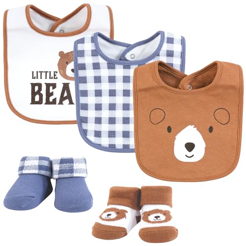 Image of Hudson Baby Infant Boy Cotton Bib and Sock Set, Little Brown Bear, One Size
