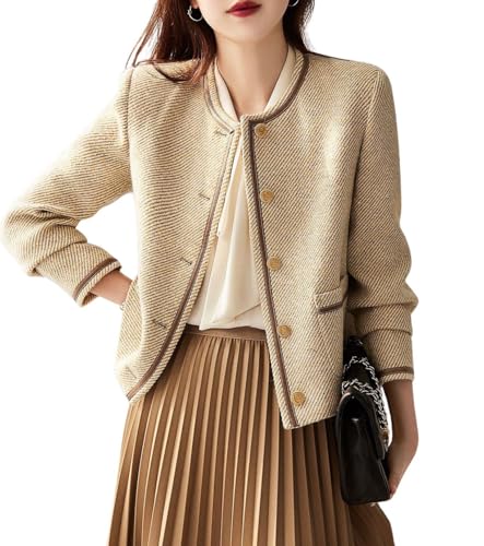 chouyatou Women's Vintage Striped Collarless Tweed Jacket Button Down Business Casual Cropped Blazer Jacket