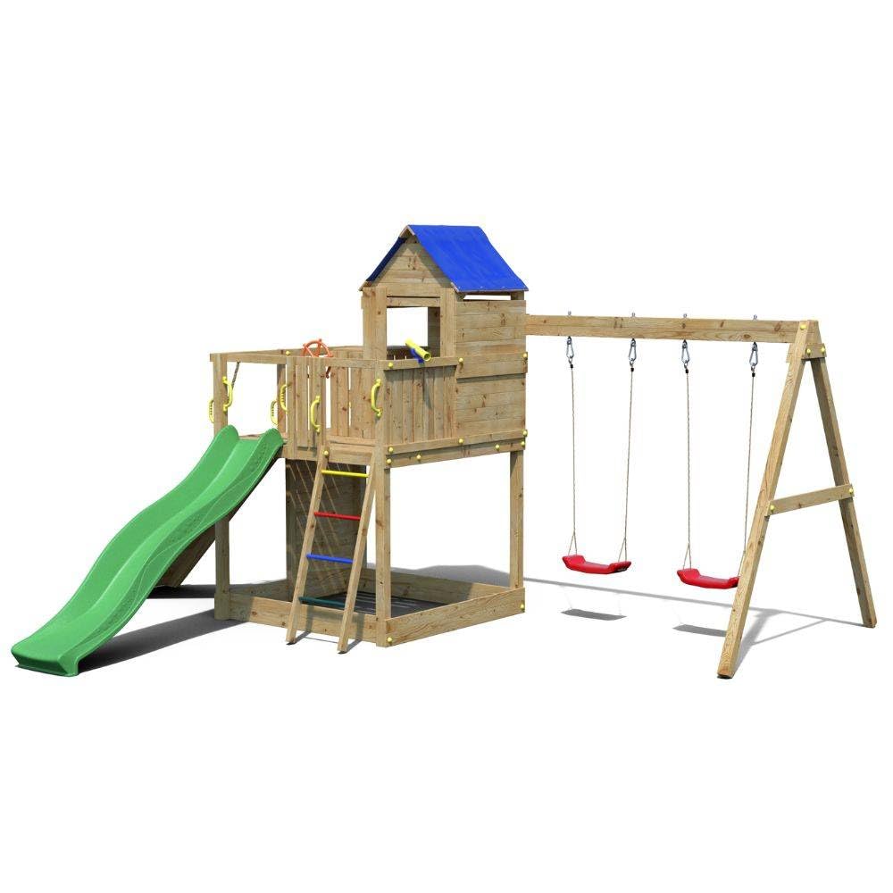 Casetta da Giardino per Bambini Fungoo Treehouse 3 – Parco Giochi in Legno con Altalene, Scivolo 2,2 m, Arrampicata e Accessori – Uso Privato – Disponibile da Agosto 2025