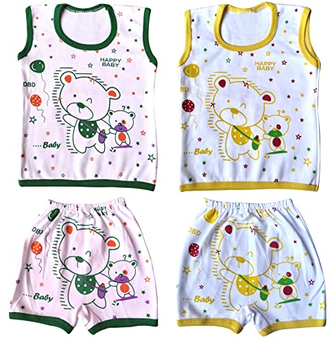 TohuBohu Happy Baby Suit Boy Dress Kids Cotton Cloth Casual Printed Summer Girl New Born Clothes Kids Apparel Combos Sleeveless (Set of 2) (0-3 Months, Green Yellow)