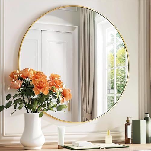 Image of Round Wall Mirror with Durable Wooden Frame - 30 inch (Golden) | Modern Decorative Wall Hanging Mirror for Bathroom, Bedroom, Basin, Dressing Table, Entryway & Home Interior Decor