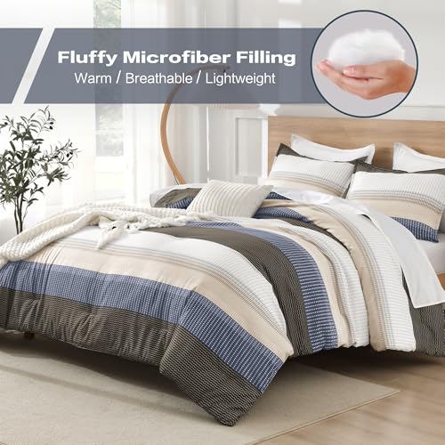 Litanika Queen Comforter Set Blue Brown - 3 Pieces Lightweight Fluffy Bedding Comforter Sets, All Season Down Alternative Comforter (1 Comforter, 2 Pillowcases)