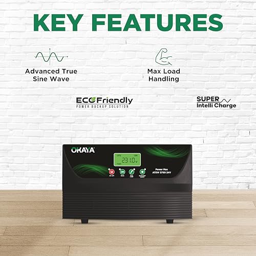 Image of Okaya ATSW 3750 Hi-Capacity Inverter for Home, Office & Shops | 3200VA /24V Pure Sinewave | Reliable Power Backup | Supports 2 Inverter Battery | LED Display | Fast Charging | with 36 Months Warranty