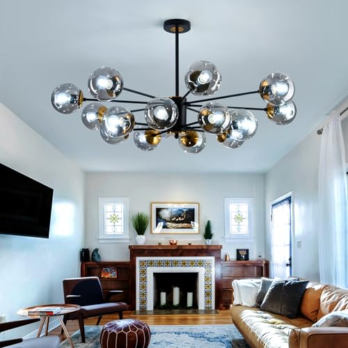 Image of 16 Light Glass Globe Chandelier Mid Century Sputnik Pendant Light Fixture Black and Gold Ceiling Light for Living Room Kitchen Dining Room Bedroom Farmhouse.