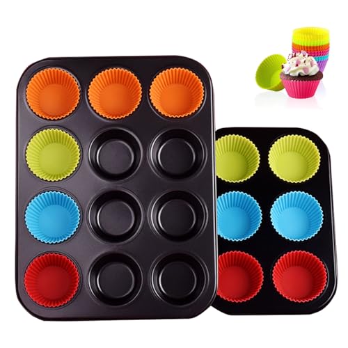 senylanhxy Juego de 12 moldes de silicona para magdalenas, antiadherentes, reutilizables, con 12 forros de silicona, perfectos para magdalenas, pasteles, tartas, pan y más (paquete de 1, tamaño