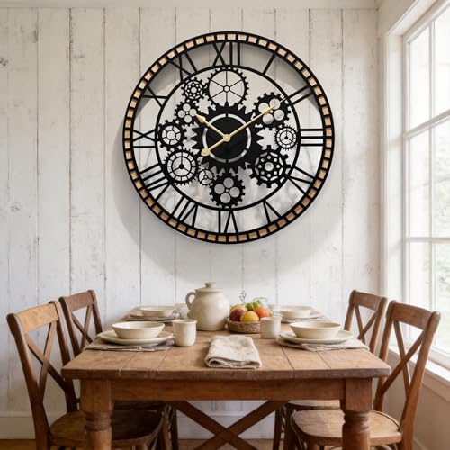FIXNEO Large Farmhouse Wall Clocks for Living Room DecorIndustrial Gears Large Round Wall Clock 24 Inches or Larger with Wooden Clock for Office Living Room Kitchen Dining Room Decor