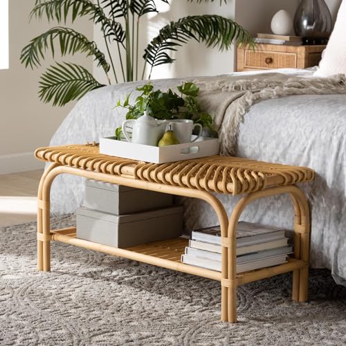 Modern Bohemian Natural Brown Rattan Accent Bench Solid