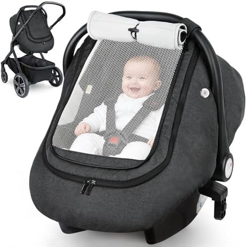 Rquite Car Seat Cover Baby, Carseat Covers Boy Girl, 2 Layers Window -Breathable Mesh & Wind/Sun Shade, Infant Car Seat Canopy Baby Carrier/Stroller...