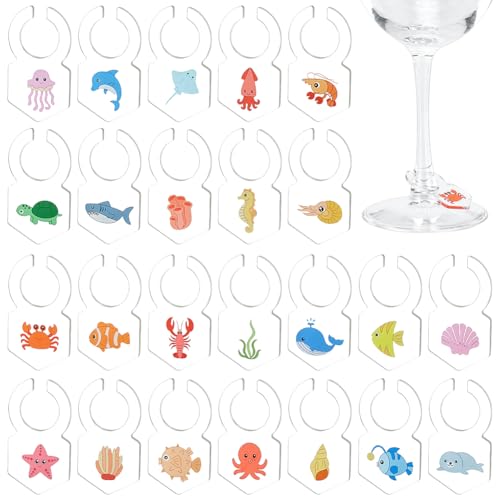 BENECREAT 24 Etiqueta para Copas de Vino, Dijes de Acrílico para Marcadores de Vino de 4.4x2.5cm, Marcadores de Copas con Forma de Animales Marinos para Decorar Fiestas de Cata de Vinos.