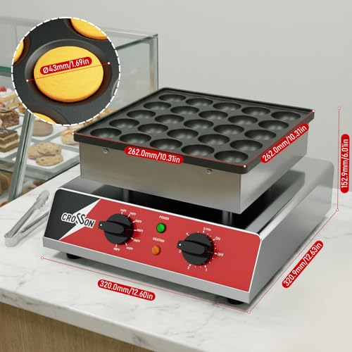 Image of CROSSON Mini Pancake Maker, 25PCS 43mm Diameter Dutch Muffin Waffle Baker, Non-stick Stainless Steel Poffertjes Grill, Commercial Electric Dorayaki Machine W /Temp & Time Control 120V /850W