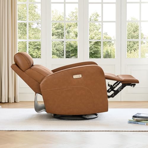 Image of CHITA Genuine Leather Power Swivel Glider Recliner Chair, Double Layer Backrest Truck Armrest Recliner Chair Sofa for Living Room-Saddle