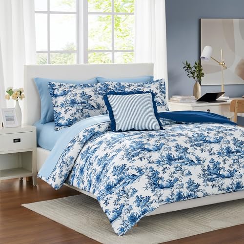 Image of Modern Threads 8-Piece Printed Complete Bed Set - Shaya Toile Design, Ultra-Soft Microfiber, Includes Sheets, Pillowcases, and Comforter, California King