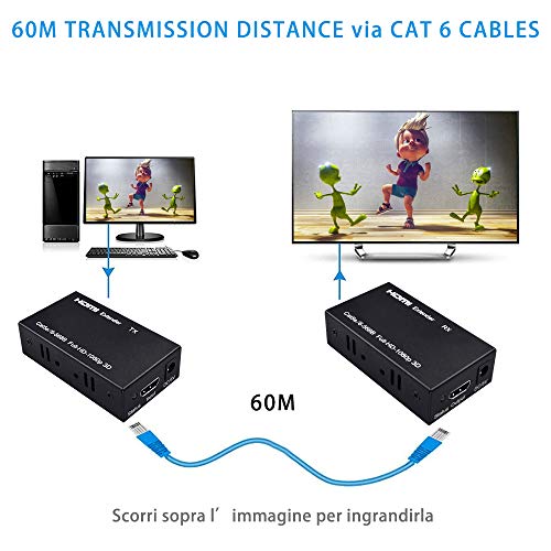 Ozvavzk HDMI Extender Transmitter Extensions 60M Cat 6/5E Receiver Supporta Full HD 1080P 3D HDCP EDID Hdmi Estensori per TV DVD Laptop PC Sky（Trasmettitore+UTP+RJ45+Ricevitore）