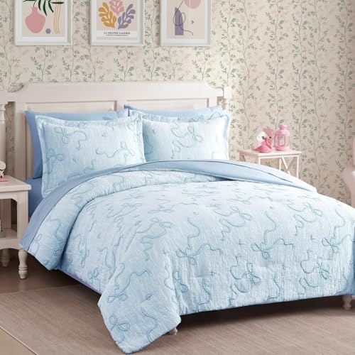 Image of Queen Comforter Set - 7 Pieces Bow Jacquard Bed in a Bag Queen Bedding Set | Cottage Core Queen Bed Set for Girls, All Season Bed in a Bag with Comforter, Sheets, Pillowcases & Shams, Light Blue