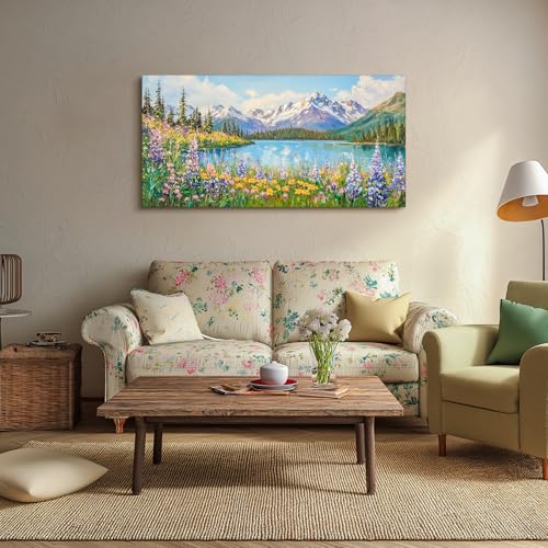 crmotu Lake Wildflowers Wall Art, Snow Mountain Forest Extra Large Artwork, Nature Landscape Canvas Art Prints, Country Chic Pictures Wall Decor Living Room Bedroom Dining Room Farmhouse 30x60 Inch