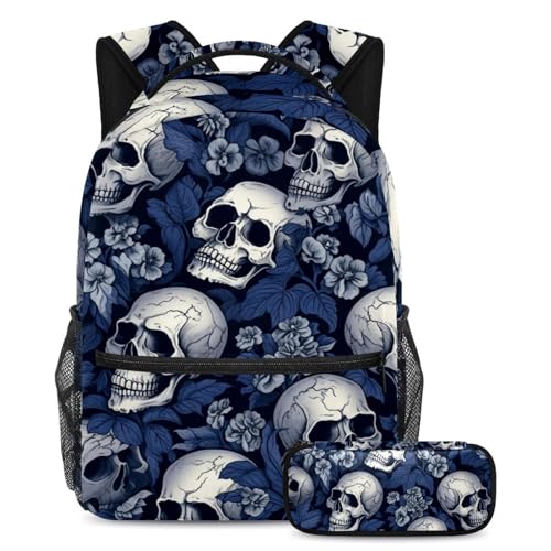 Sac à dos Art Dark Skull Floral et trousse pour étudiants