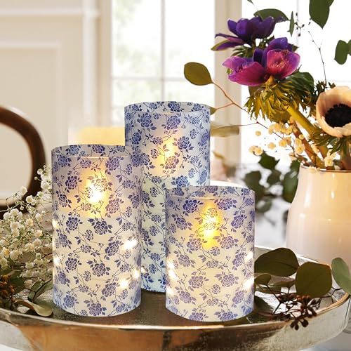 Image of Flickering Flameless Candles Vintage Blue Floral Print, Embedded Star String Lights, Battery Operated Acrylic LED Pillar Candles with 11-Key Remote and Timer for Home Decoration, 3 Pack